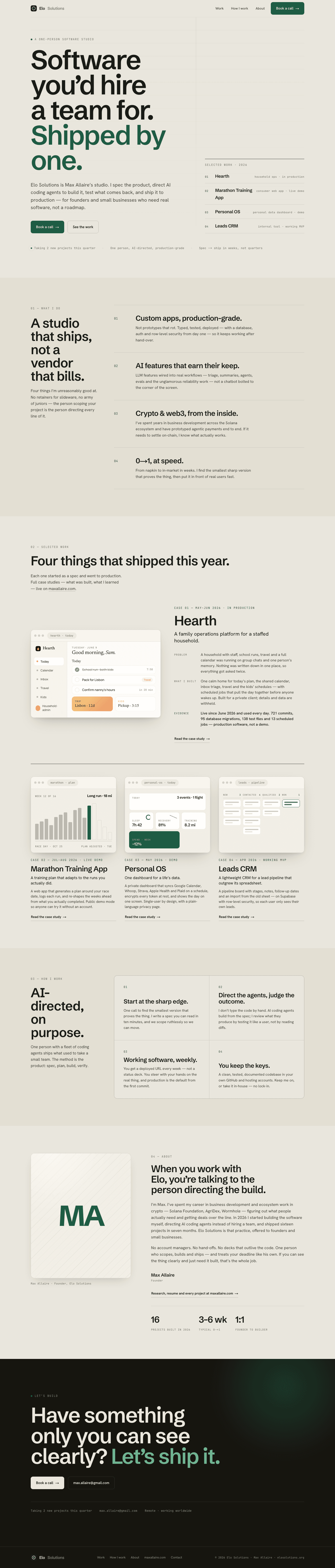 Elo Solutions home: hero and the work grid linking to Hearth, Marathon, Personal OS and Leads CRM case studies