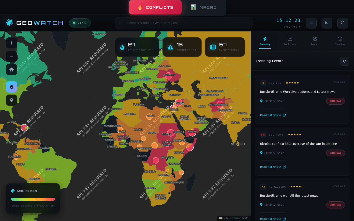 GeoWatch conflict tracker: a world map with countries coloured by intensity and a multi-source headline feed