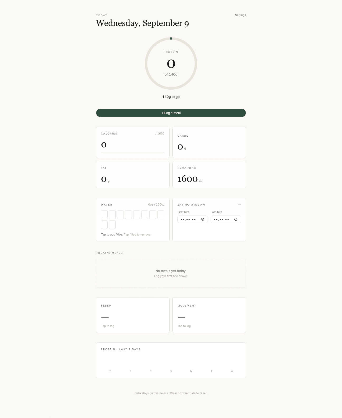The daily dashboard: hero ring, meal list, water tracker and eating window
