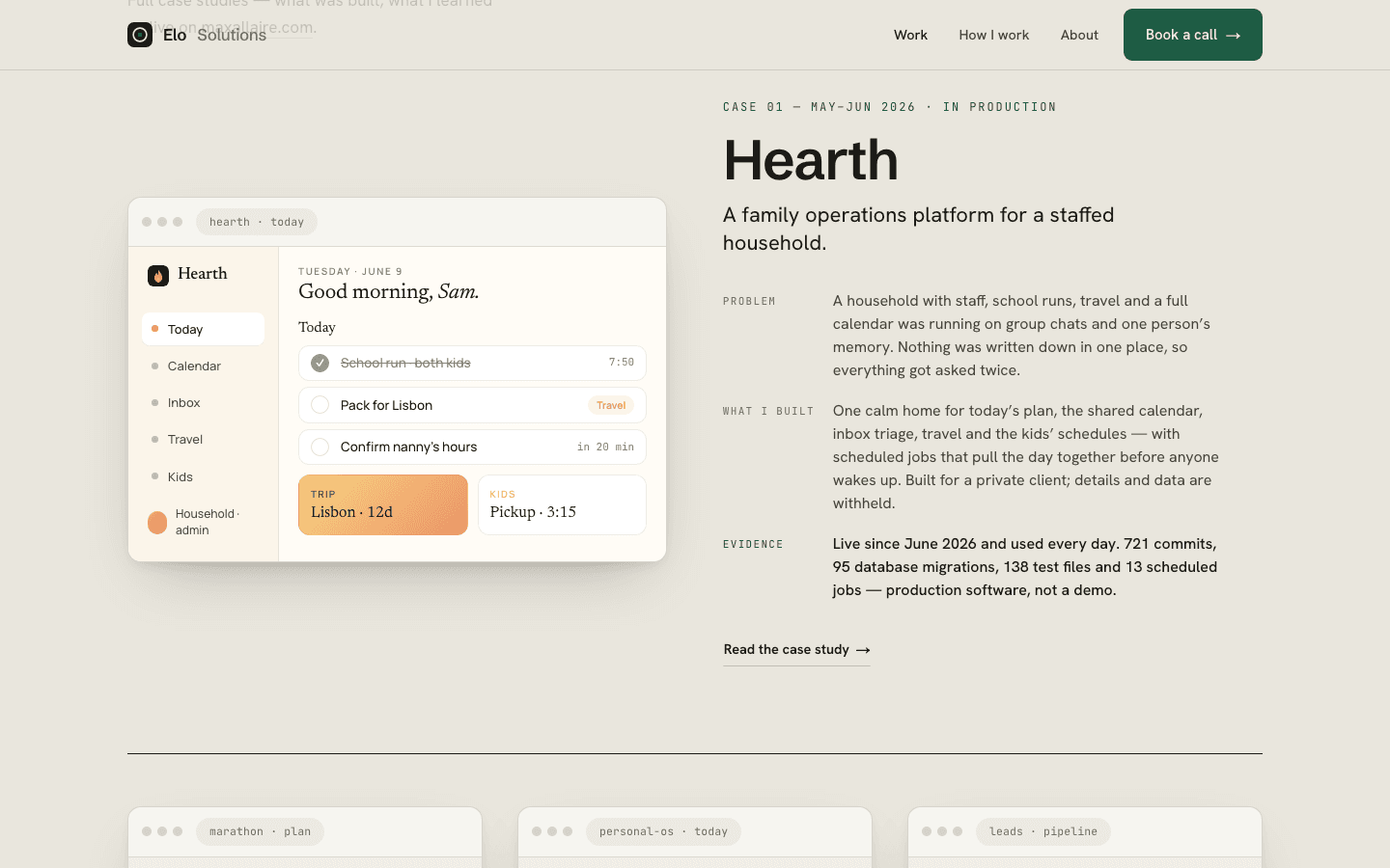 Hearth's Today view for a house manager, rendered with placeholder data: schedule, open requests, tasks and the daily briefing