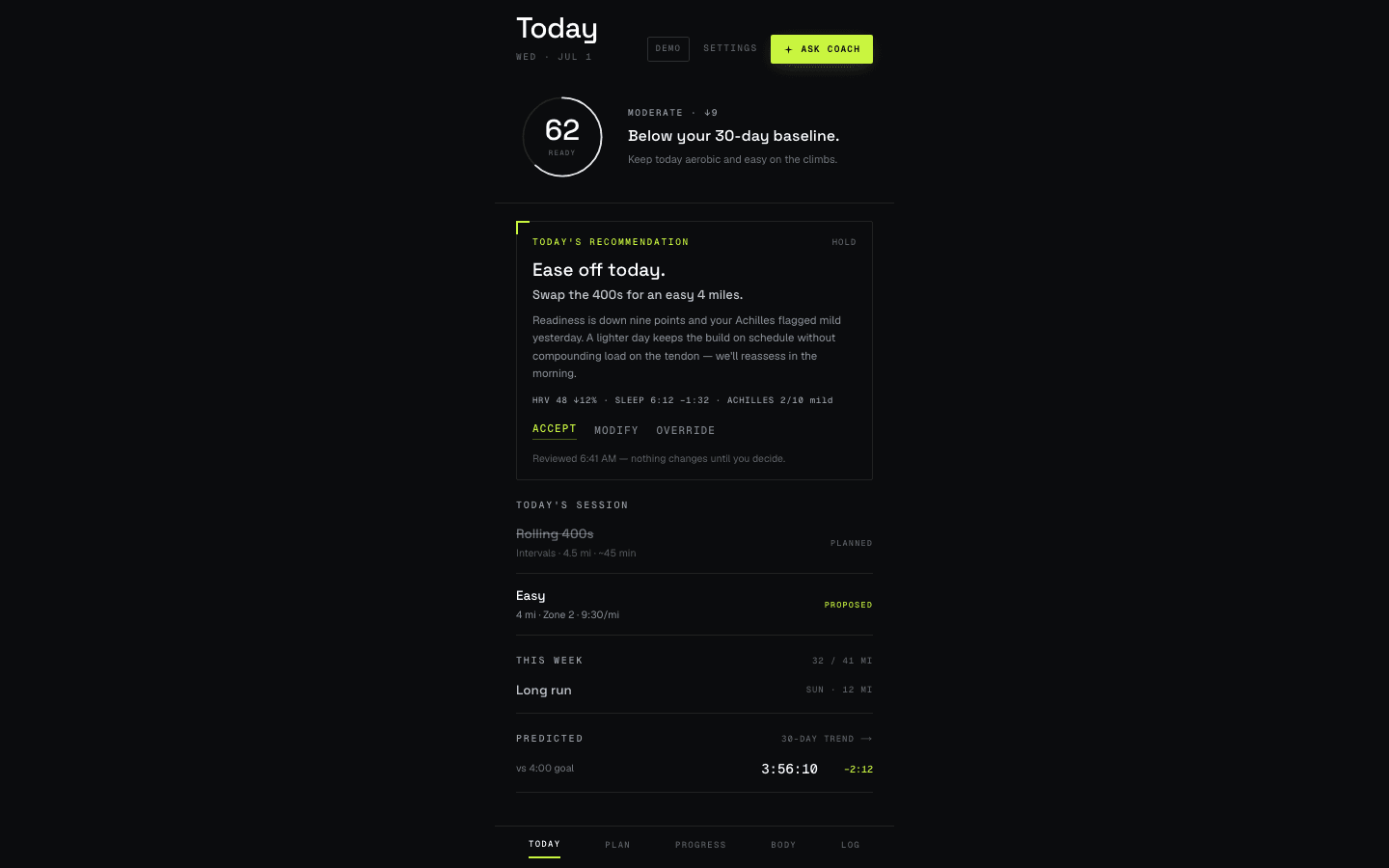 The Daily home screen in the Instrument design system: near-black graphite, hairline rules, one lime signal colour